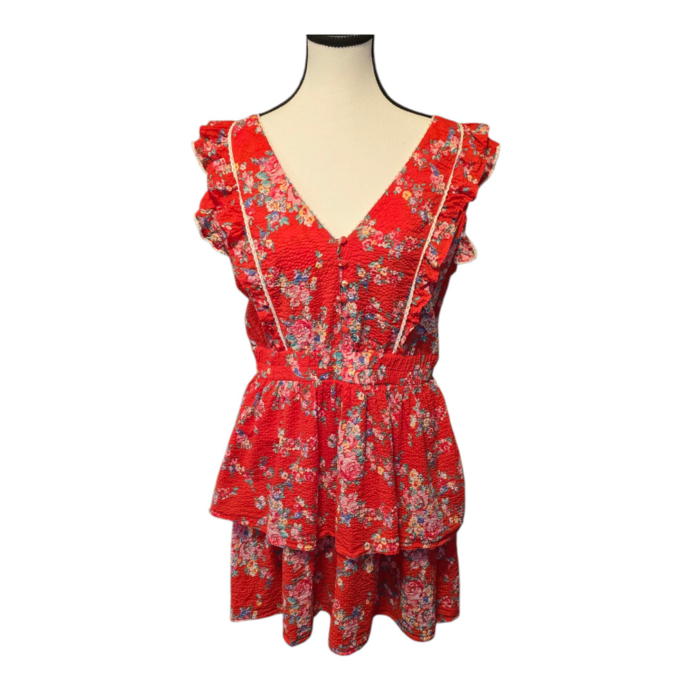 Betsey Johnson Bush Garden Dress Womens Size XL Red Floral Seersucker Cottage